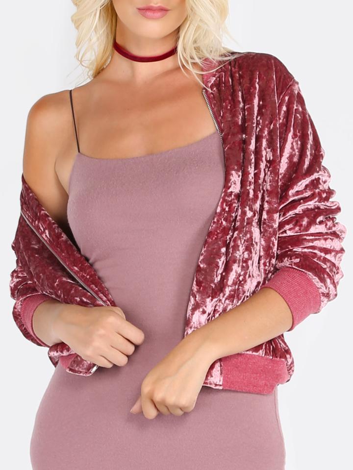 Shein Pink Zip Up Ribbed Trim Velvet Bomber Jacket