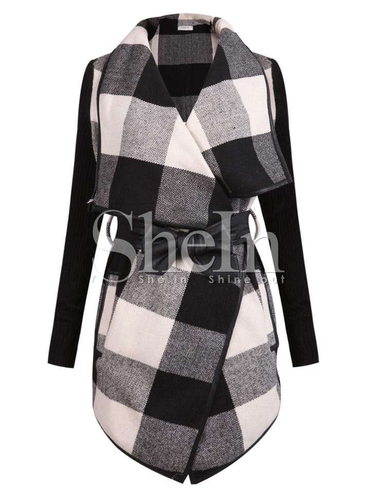 Shein Check Plaid Contrast Ribbed Sleeve Belt Coat