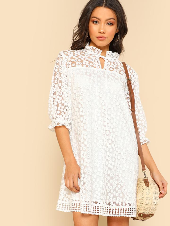 Shein Tie Neck Geo Lace Hem Flower Embroidered Dress