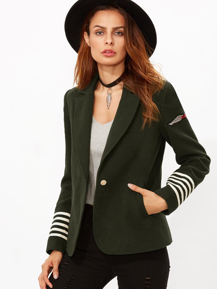 Shein Army Green Patch Striped Sleeve Military Blazer