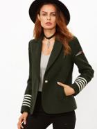 Shein Army Green Patch Striped Sleeve Military Blazer