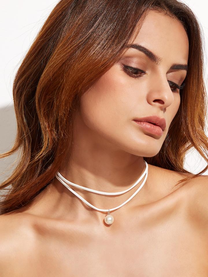Shein White Double Strand Faux Pearl Choker Necklace