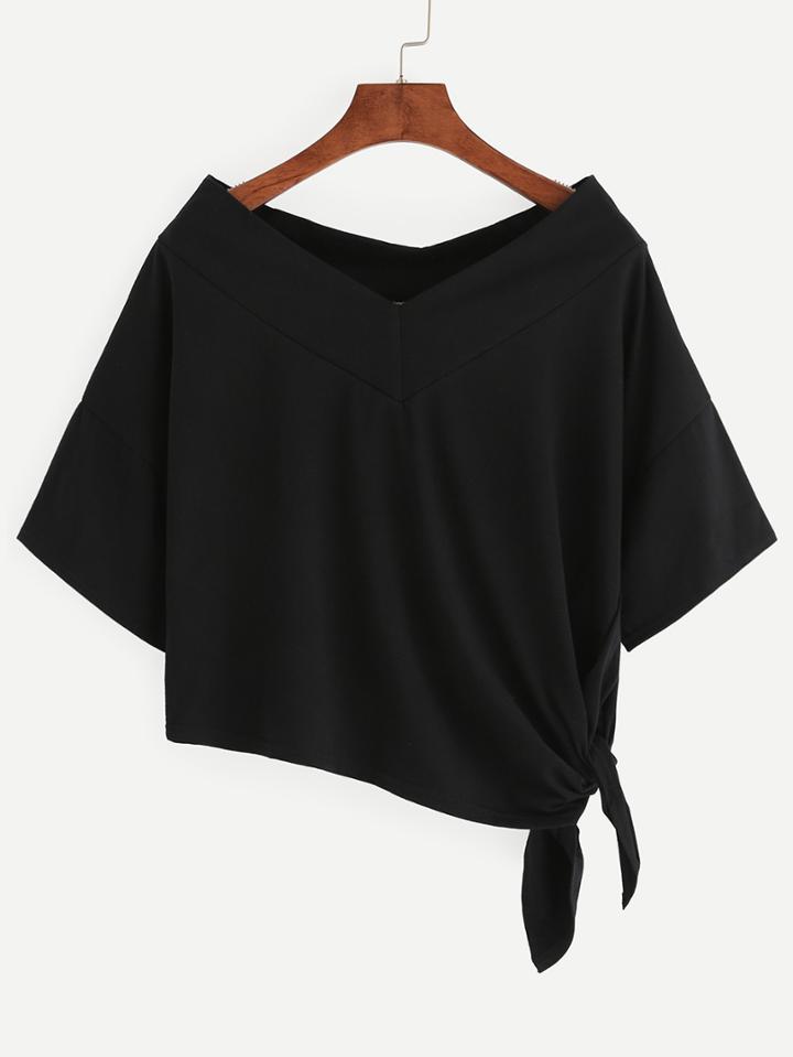 Shein Black Side Tie Drop Shoulder Asymmetric T-shirt