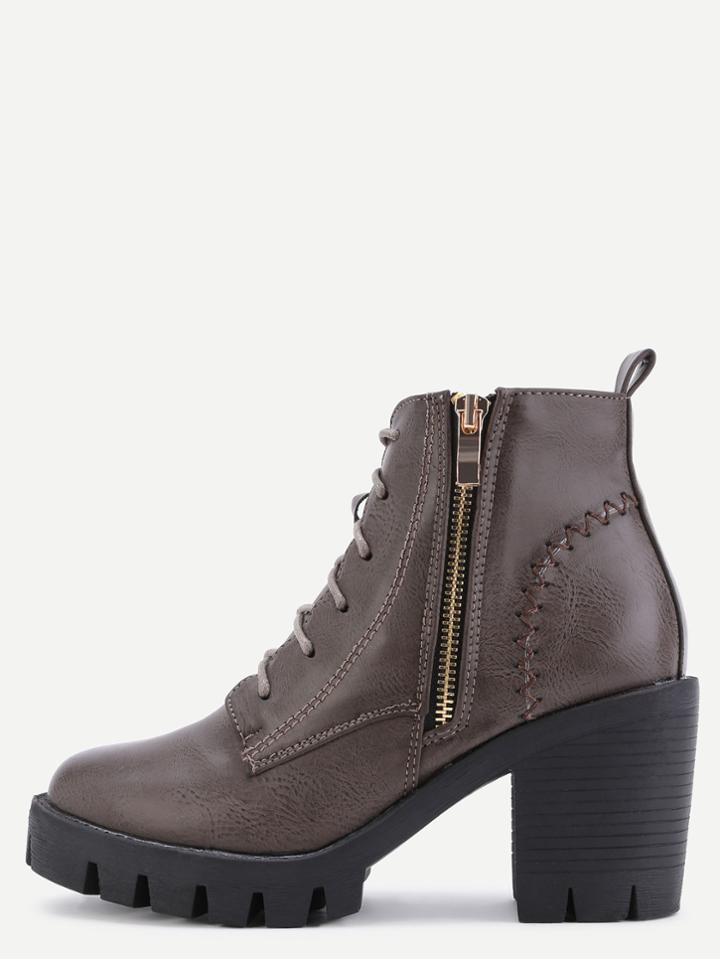 Shein Khaki Distressed Pu Lace Up Zipper Chunky Boots