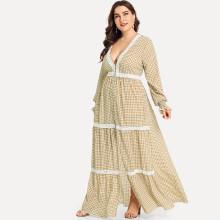 Shein Plus Lace Applique Bishop Sleeve Button Up Gingham Dress