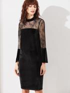 Shein Black Sheer Lace Shoulder Bell Sleeve Velvet Dress