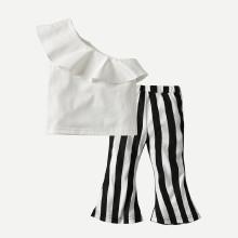 Shein Girls Ruffle Trim Top And Striped Pants