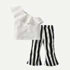 Shein Girls Ruffle Trim Top And Striped Pants