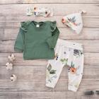Shein Toddler Girls Ruffle Trim Top & Floral Print Pants & Headband & Hat