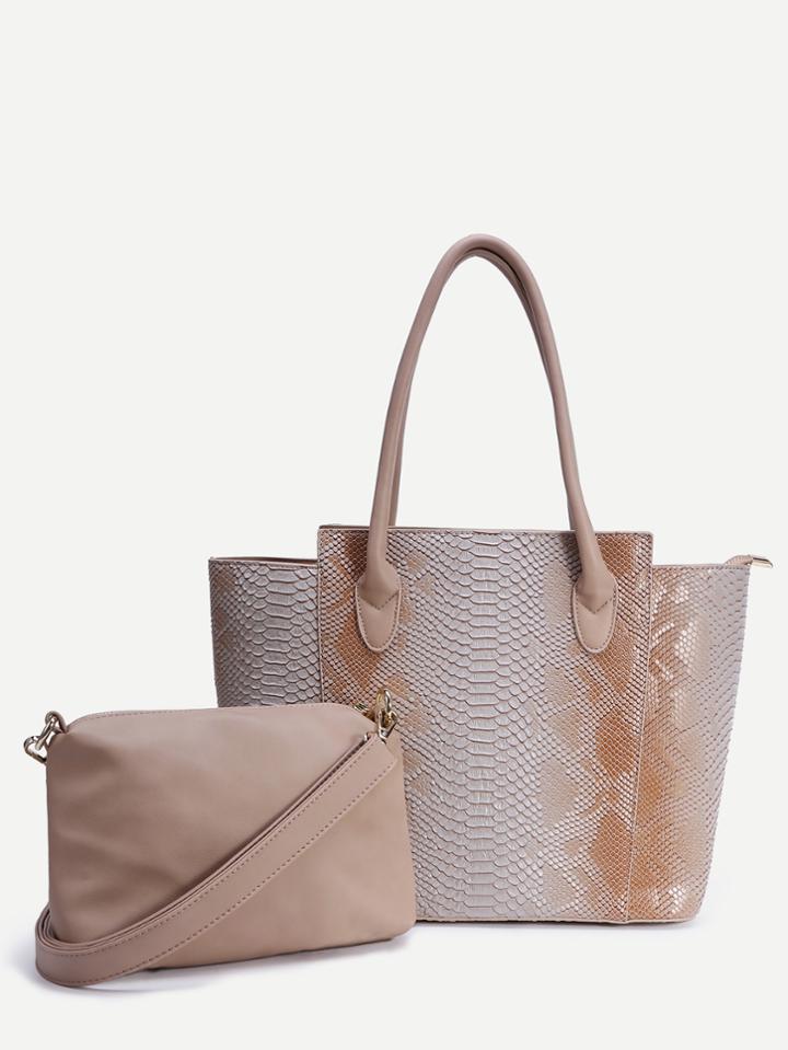 Shein Apricot Snake Embossed Tote Bag With Crossbody Bag