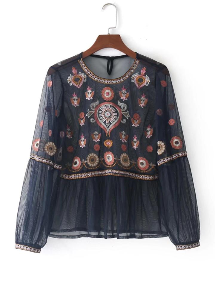Shein Embroidered Mesh Babydoll Blouse