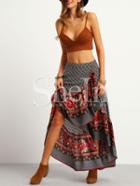 Shein Multicolor Irregular Hem Vintage Print Maxi Skirt