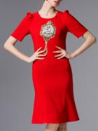 Shein Red Puff Sleeve Embroidered Sequined Beading Dress