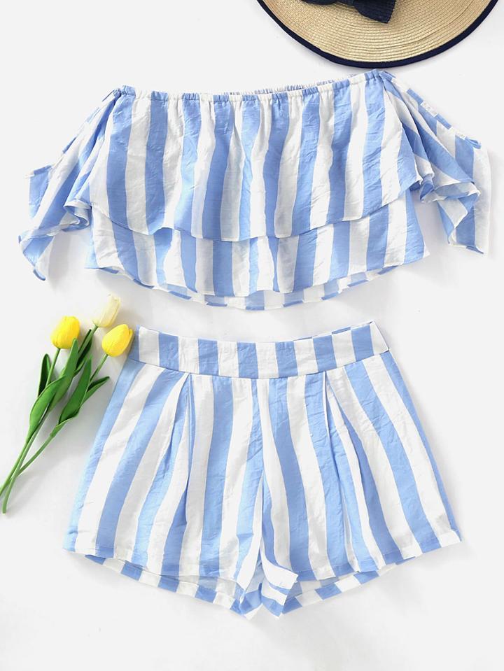 Shein Off Shoulder Striped Layered Crop Top With Shorts