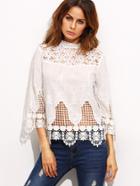 Shein Beige High Neck Appliques Hollow Blouse