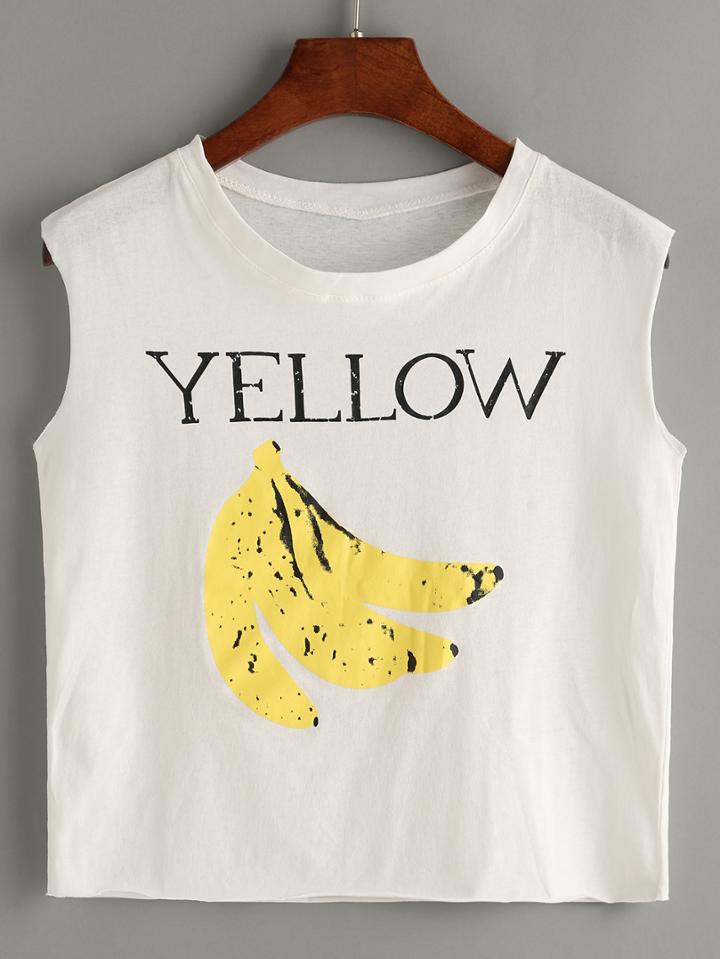 Shein White Banana Print Crop Tank Top