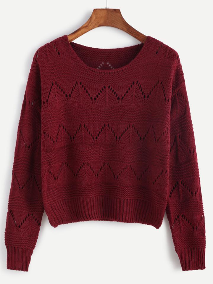 Shein Burgundy Drop Shoulder Eyelet Sweater
