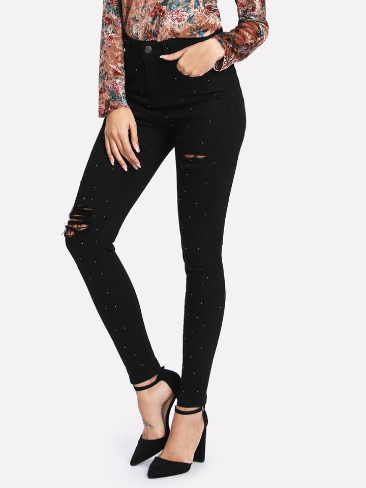 Shein Beaded Ripped Skinny Jeans
