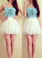 Rosewe Bow Front Blue And White Gauze Splicing Dress