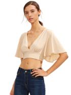 Shein Khaki V Neck Bow Tie Back Blouse