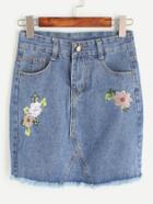 Shein Flower Embroidered Frayed Hem Denim Skirt