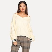 Shein Striped Cuff Cold Shoulder Jumper