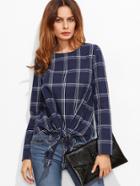 Shein Navy Grid Knot Front Long Sleeve Top