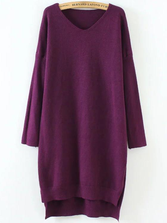 Shein Red V Neck Drop Shoulder Dip Hem Sweater Dress