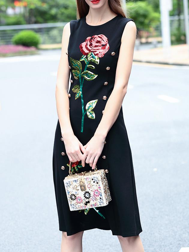 Shein Black Sleeveless Rose Sequined Shift Dress