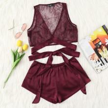 Shein Cross Wrap Lace Top & Satin Shorts Pj Set