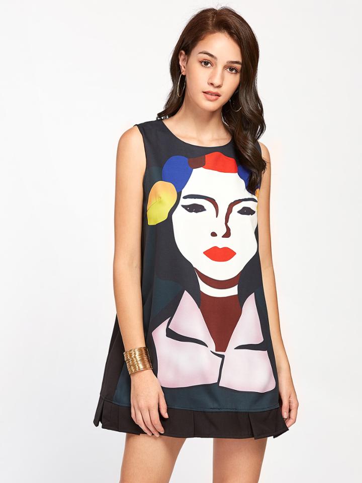 Shein Graphic Print Pleated Hem Dress