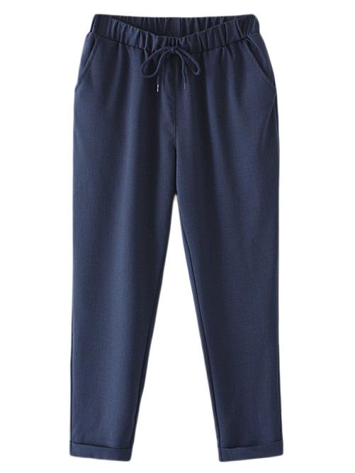 Shein Navy Pockets Elastic Tie-waist Linen Pants