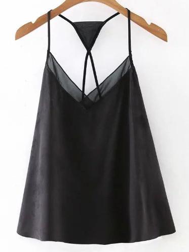 Shein Black Backless Suede Spaghetti Straps Tank Top