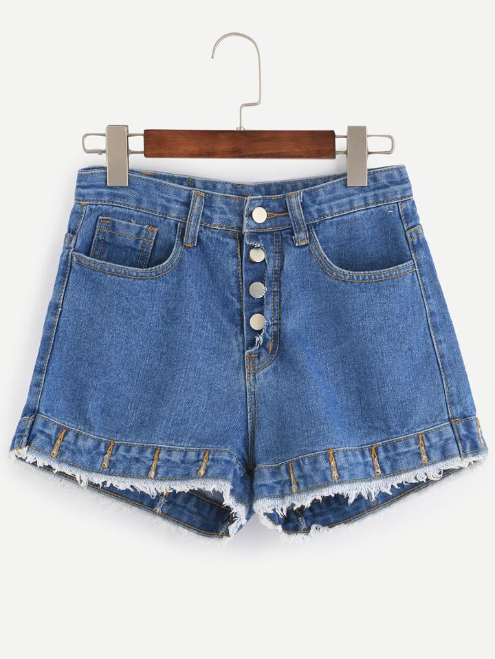 Shein Blue Single Breasted Raw Hem Denim Shorts