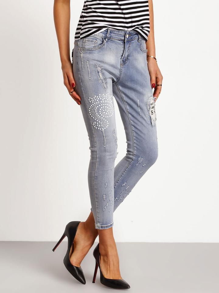 Shein Blue Ripped Bead Denim Pant