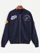 Shein Navy Ribbed Trim Embroidered Patches Bomber Jacket