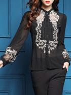 Shein Black Sheer Embroidered Pleated Blouse