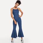 Shein Denim Open Back Flare Leg Halter Jumpsuit