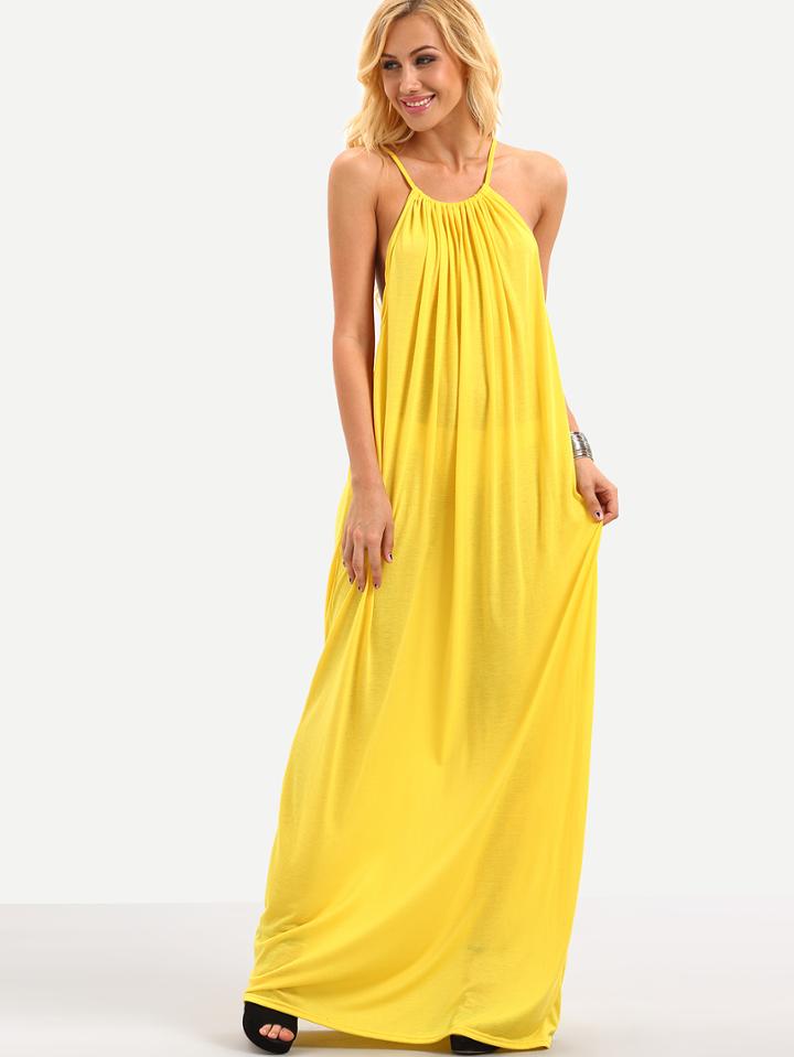 Shein Halter Neck Drop Armhole Loose-fit Dress - Yellow