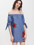 Shein Bardot Tie Sleeve Embroidered Flower Applique Chambray Dress