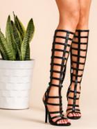 Shein Black Faux Leather Peep Toe Knee High Gladiator Sandals