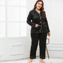 Shein Plus Contrast Binding Button Up Pajama Set