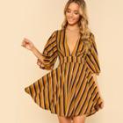 Shein Bell Sleeve Plunging Curved Hem Dress