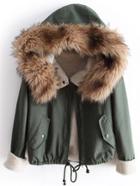 Shein Green Fur Hooded Long Sleeve Drawstring Coat