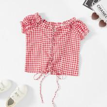 Shein Girls Lace Up Front Frilled Gingham Blouse