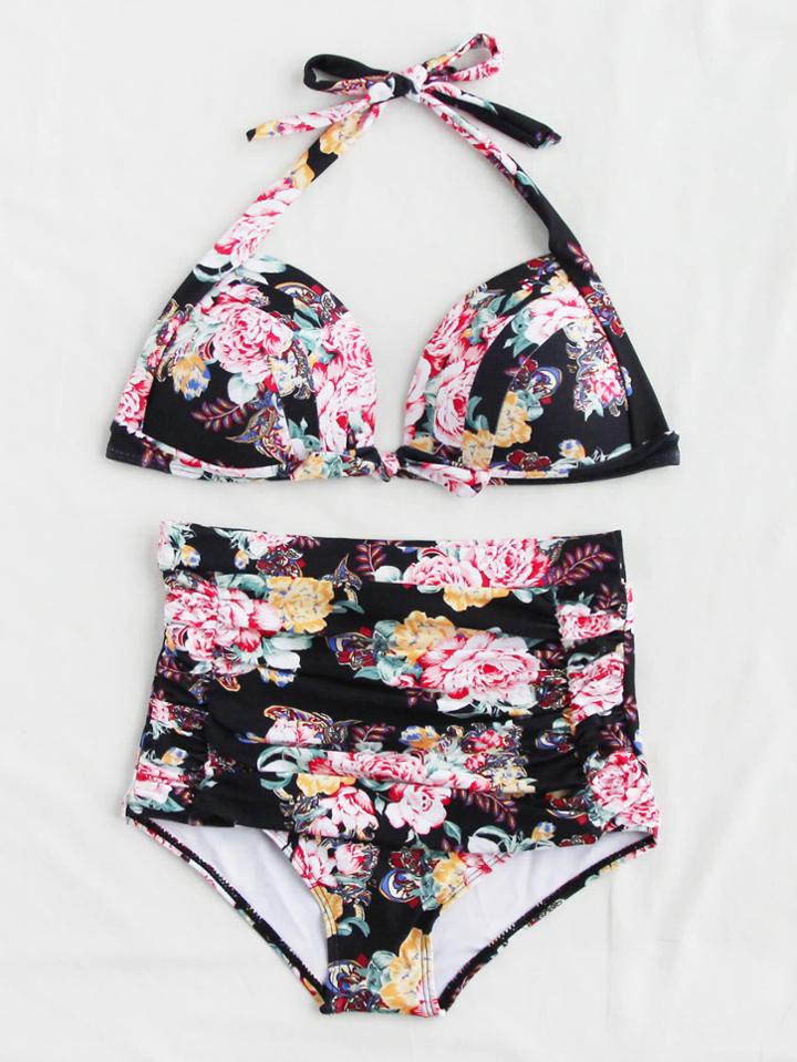 Shein Calico Print Ruched High Waist Bikini Set