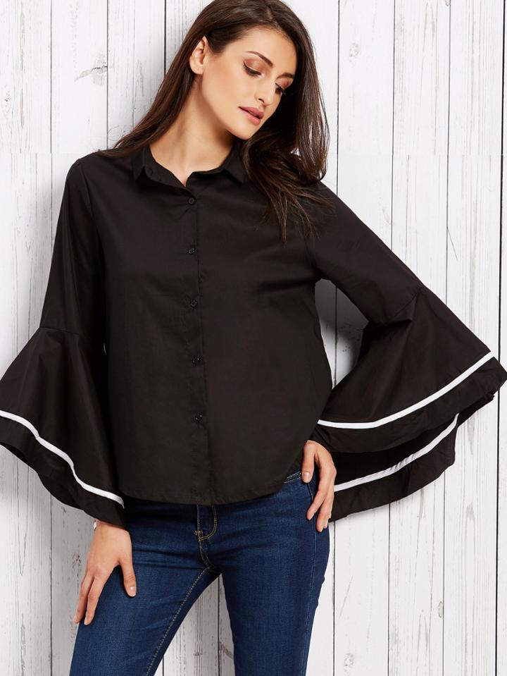 Shein Black Striped Trim Bell Sleeve Blouse