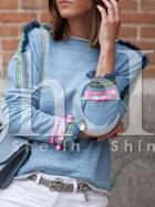 Shein Blue Crew Neck Sweatshirt With Aztec Print Fringe Embellished