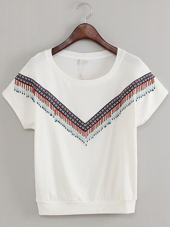 Shein White Elastic Hem Beading T-shirt