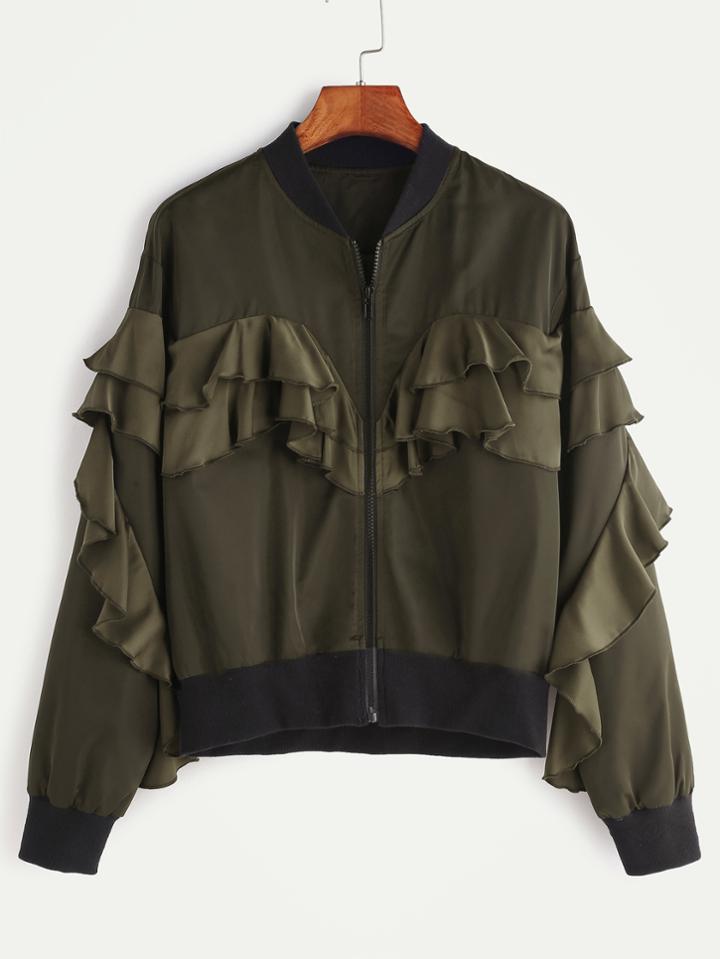 Shein Olive Green Contrast Ribbed Trim Ruffle Bomber Jacket